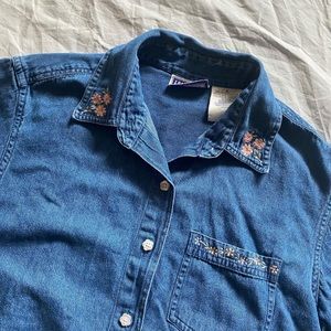 Erika & Co Denim Floral Embroidered Button Up